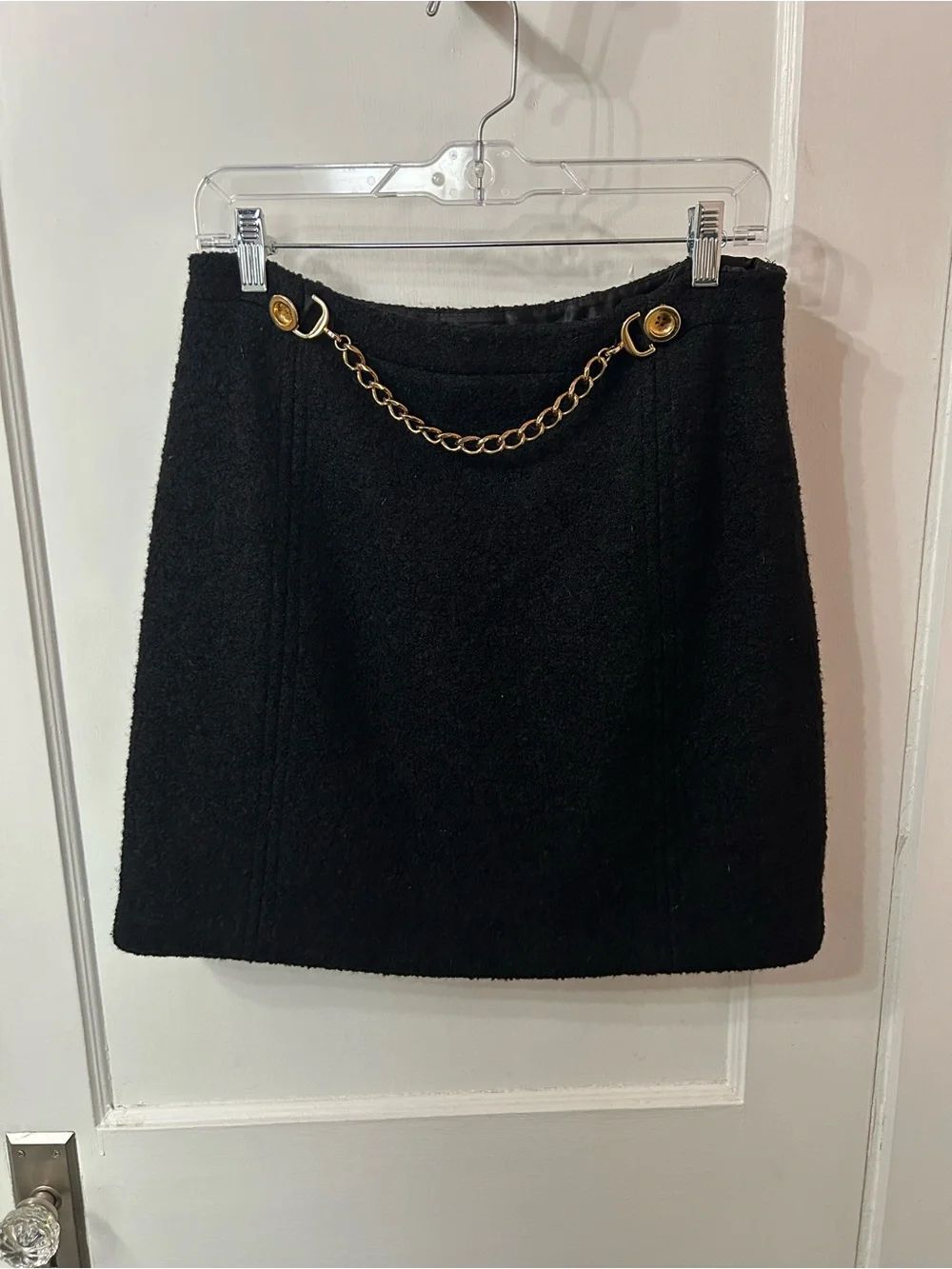 Wool Milly Black Mini Skirt with Gold Chain Accent
